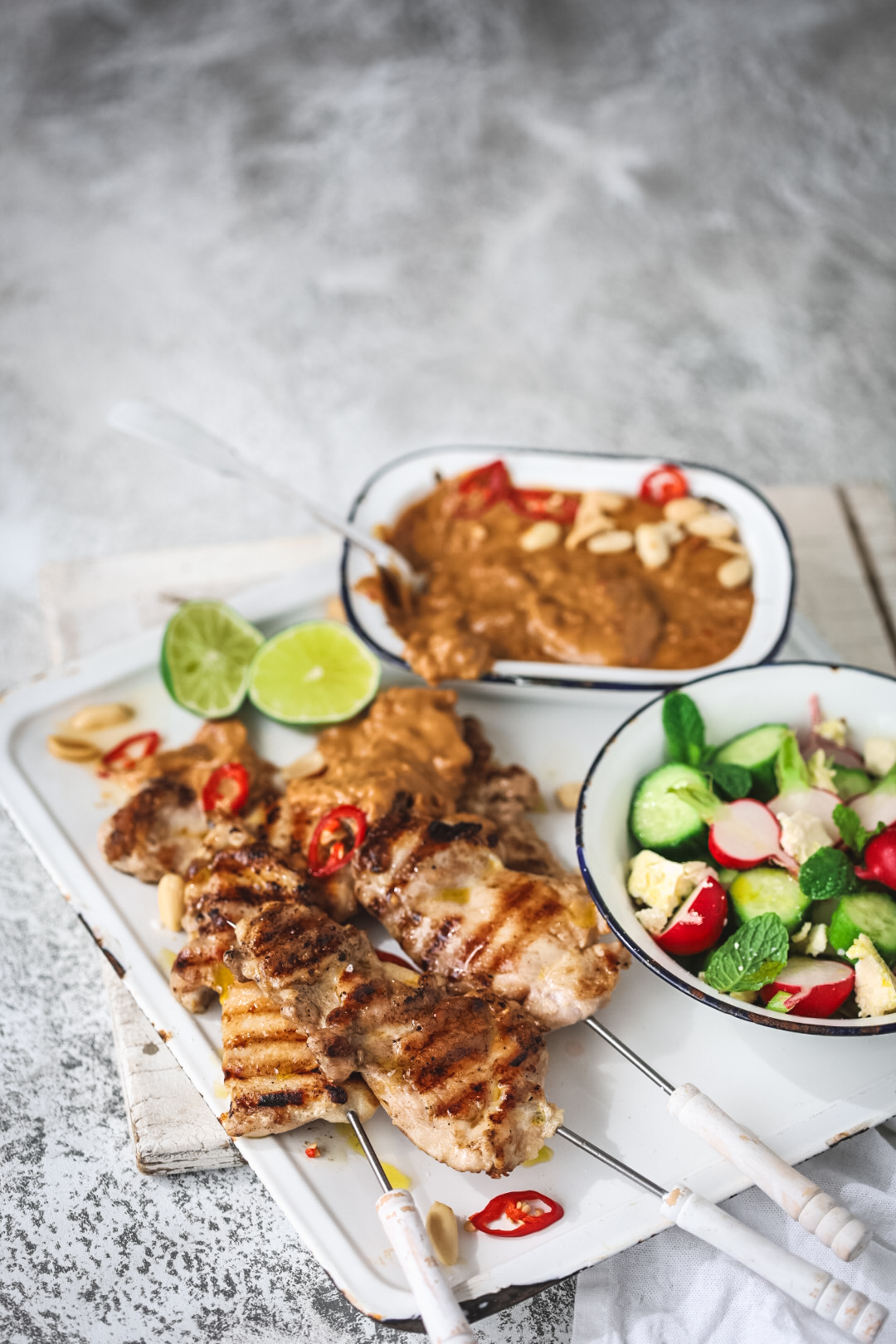 Satay Chicken Skewers With Cucumber Mint Salad Toast